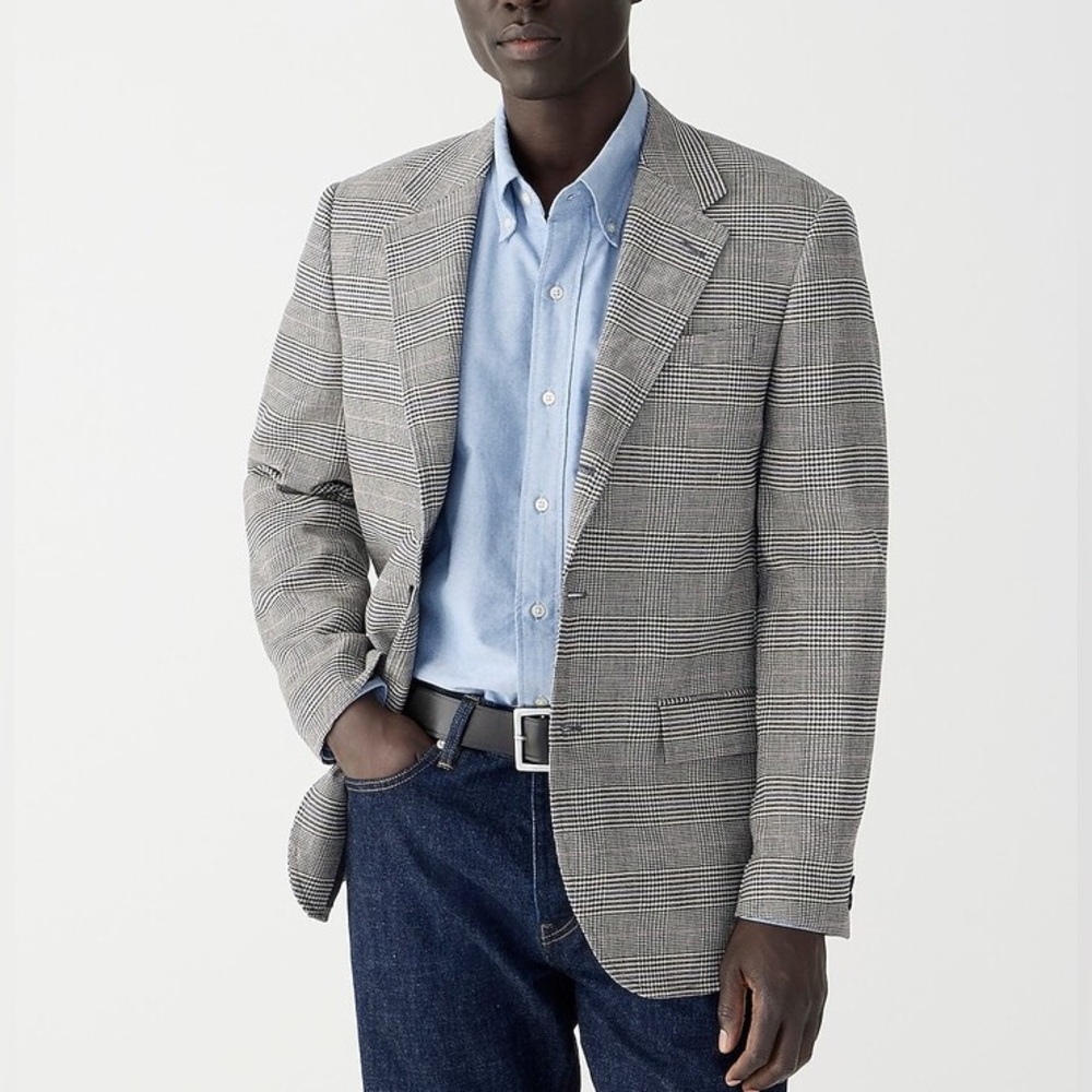 J.Crew Grey Kenmare Relaxed-fit Checkered blazer in cotton-linen blend Sz 40L